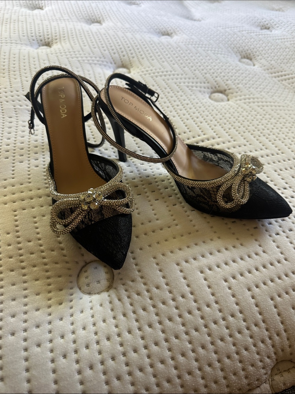 TOP Moda Black Lace Pointed Toe Slingbacks with Crystal Bow Accents